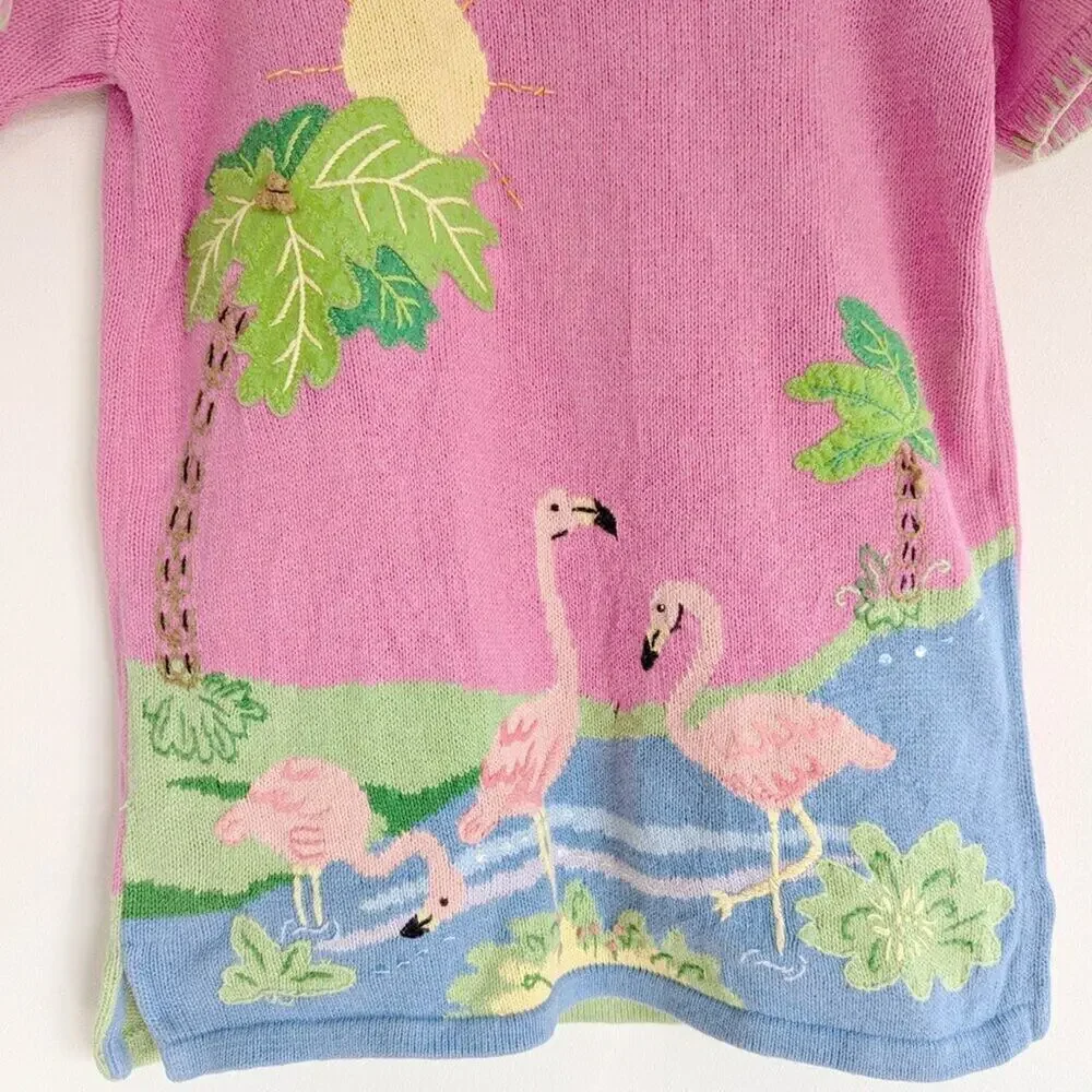 Quacker Factory Flamingo Tropical Novelty Embroidered Knit Top Pink Blue Small S